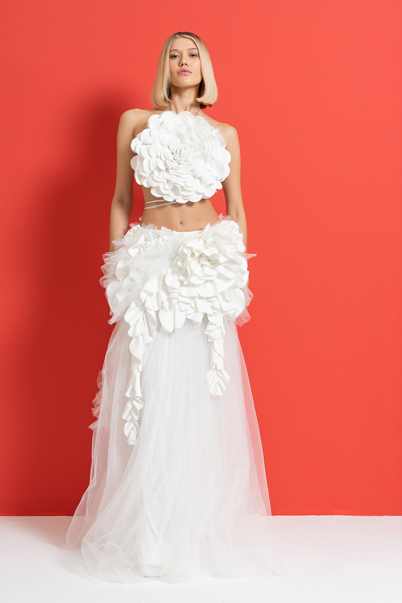 Offwhite Rose-Accent Ruffle Skirt