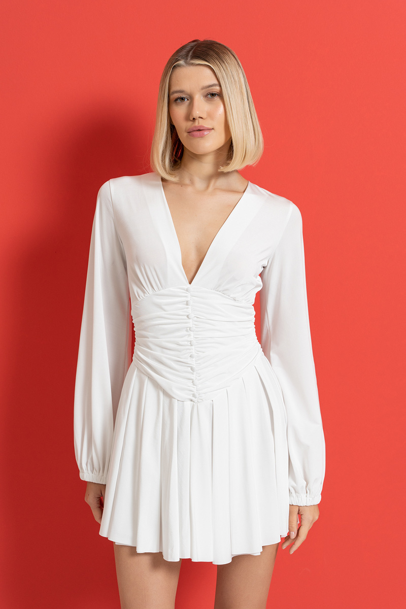 V Neck Gathered Mini Offwhite Dress