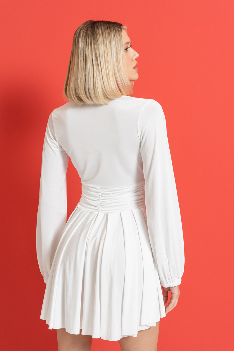 V Yakalı Büzgülü Mini Off white Elbise