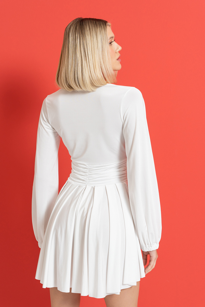 V Neck Gathered Mini Offwhite Dress