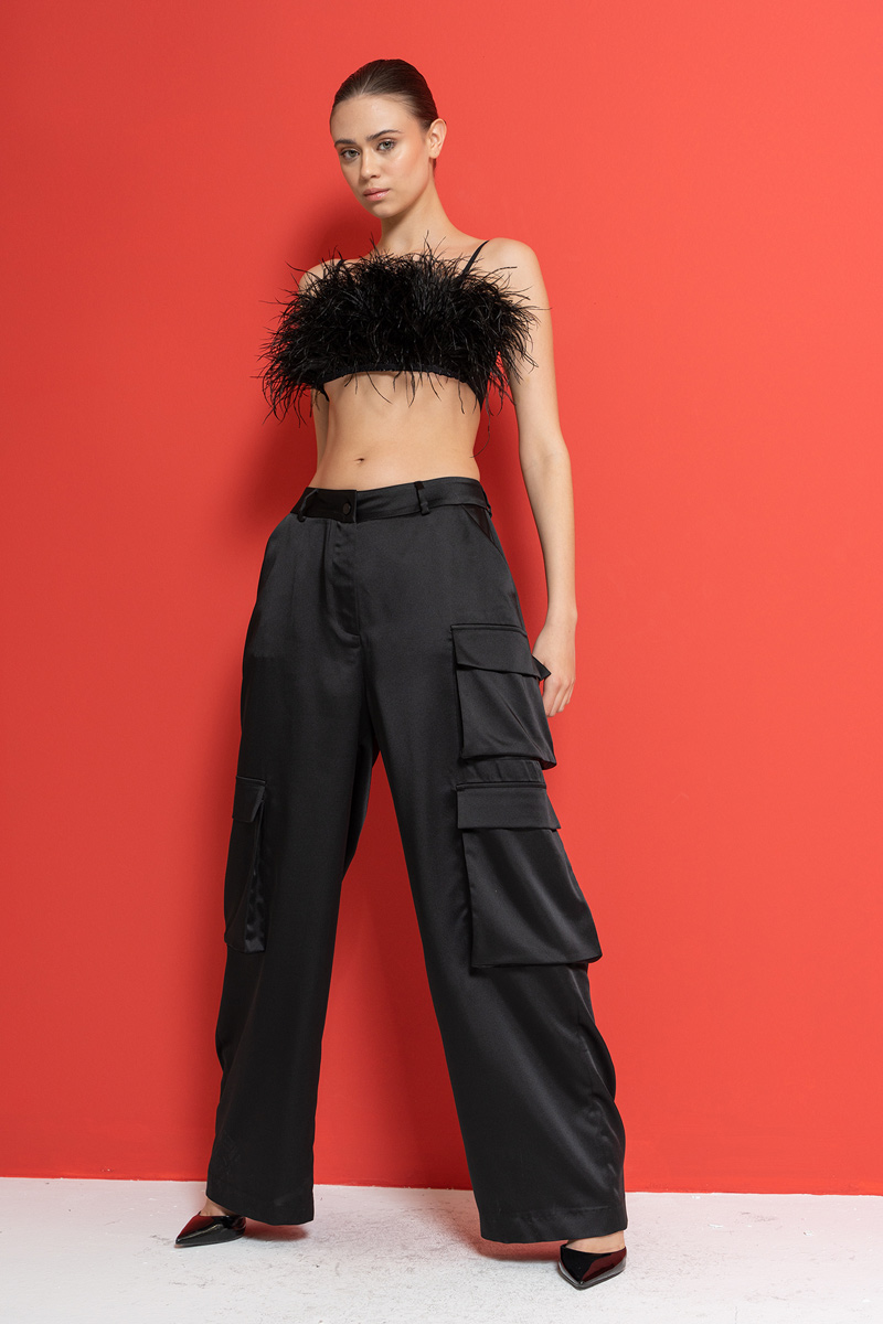 Black Satin Pants with Cargo Pockets