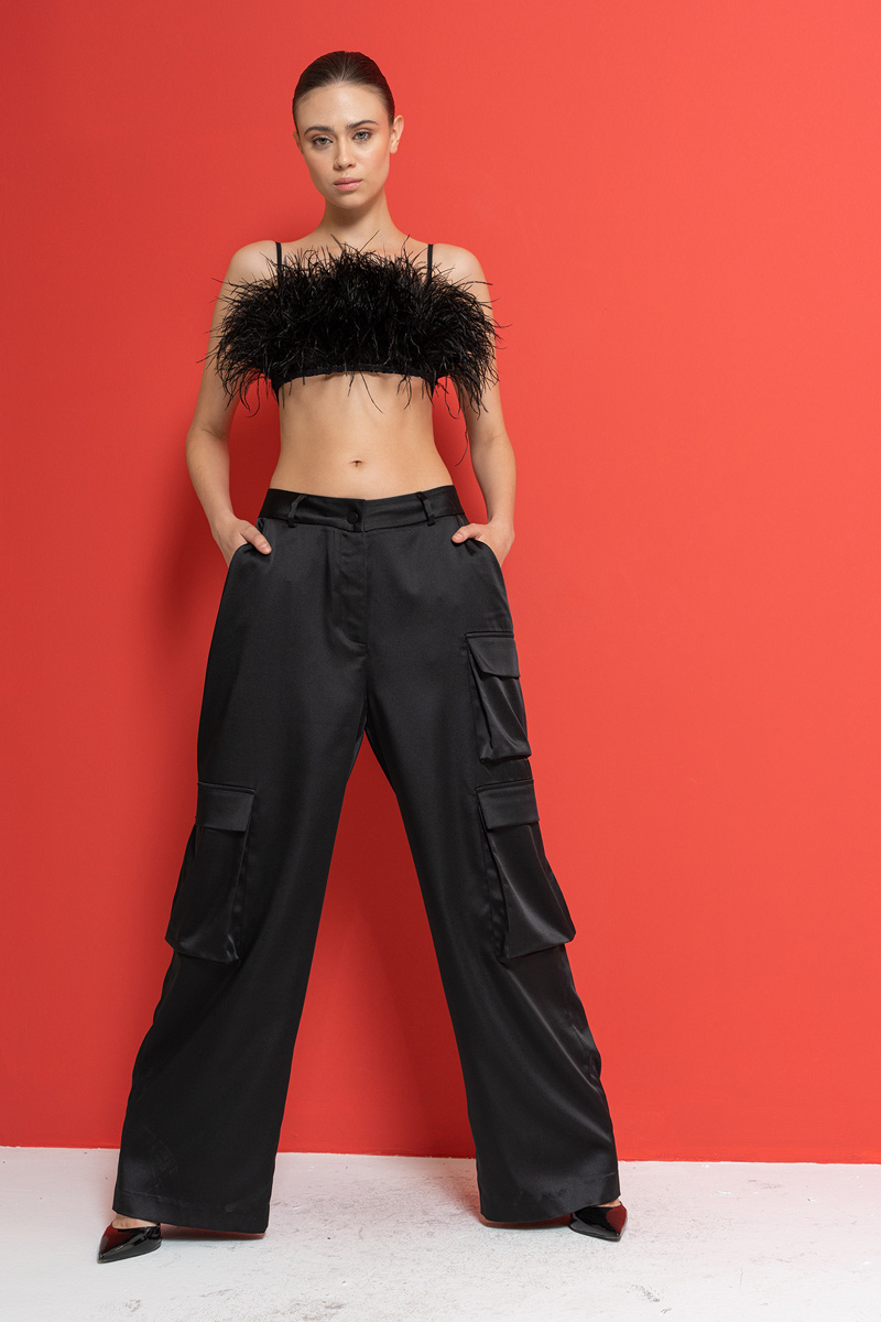 Black Satin Pants with Cargo Pockets