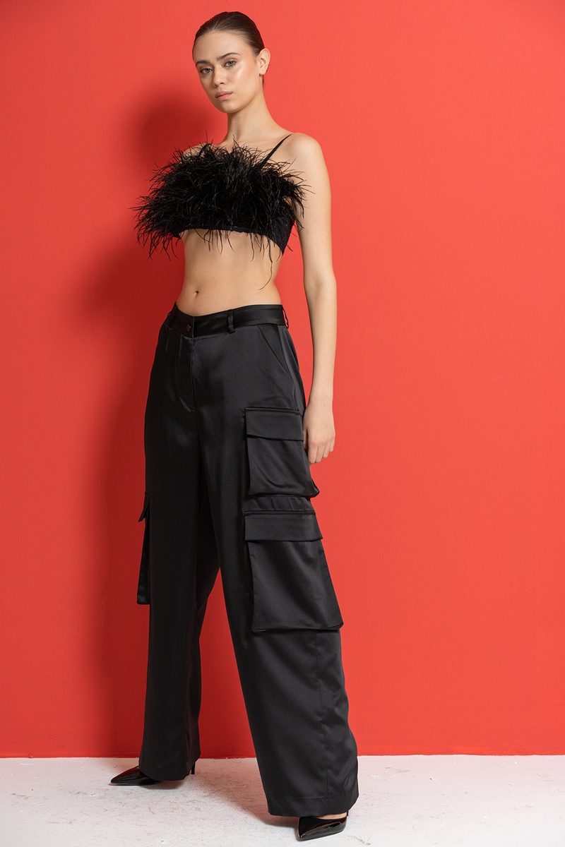 Black Satin Pants with Cargo Pockets