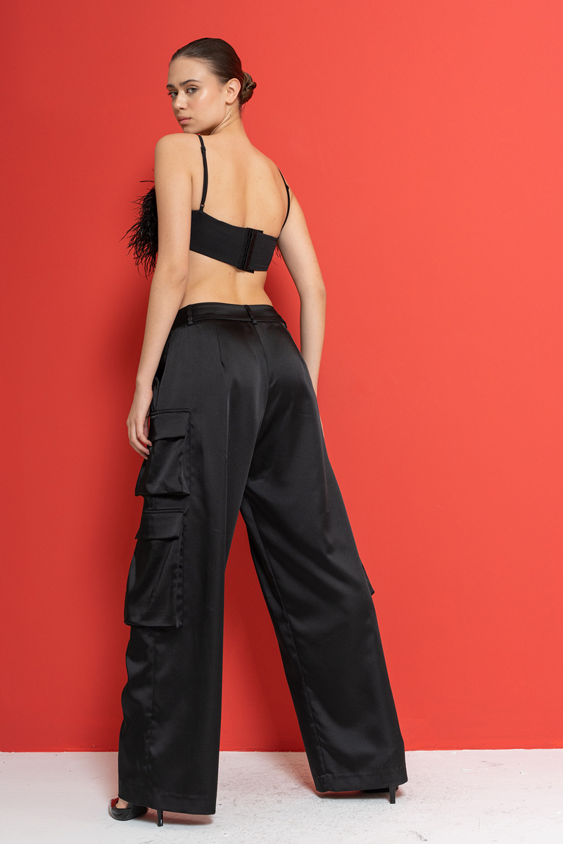 Black Satin Pants with Cargo Pockets