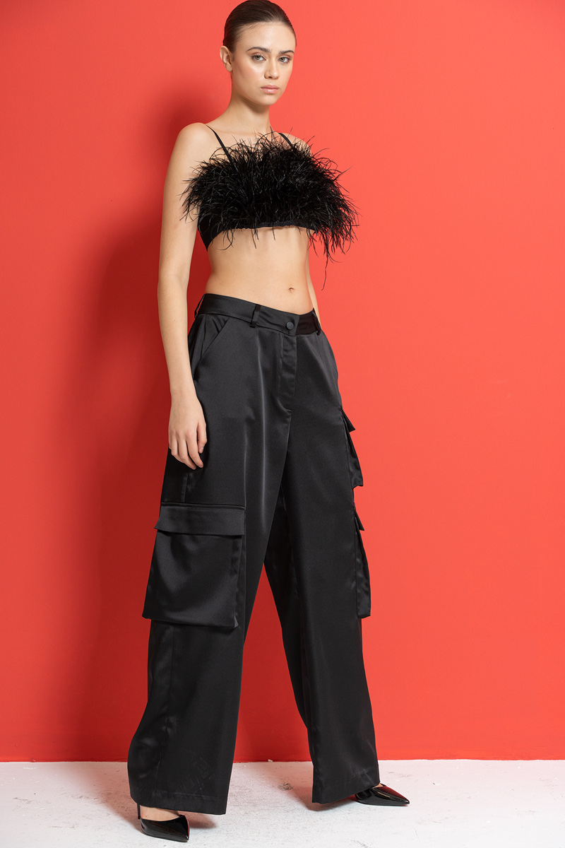 Black Satin Pants with Cargo Pockets