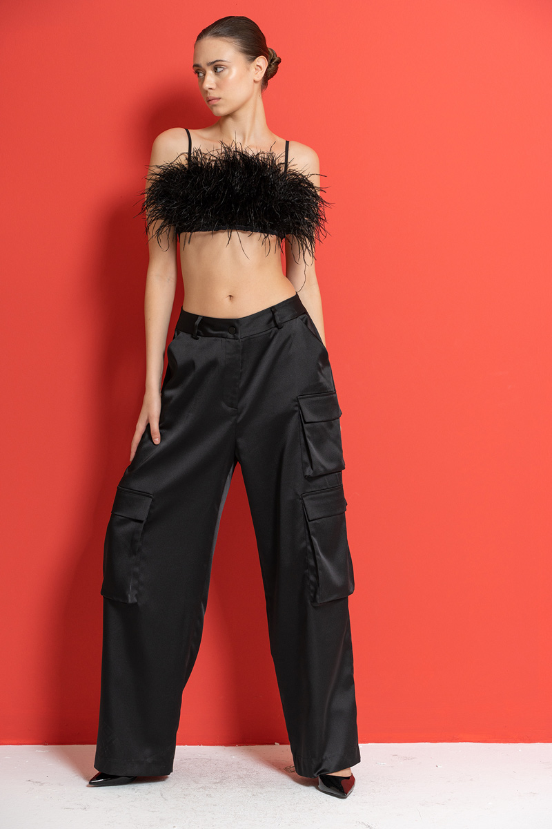 Black Satin Pants with Cargo Pockets