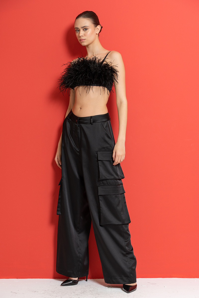 Black Satin Pants with Cargo Pockets