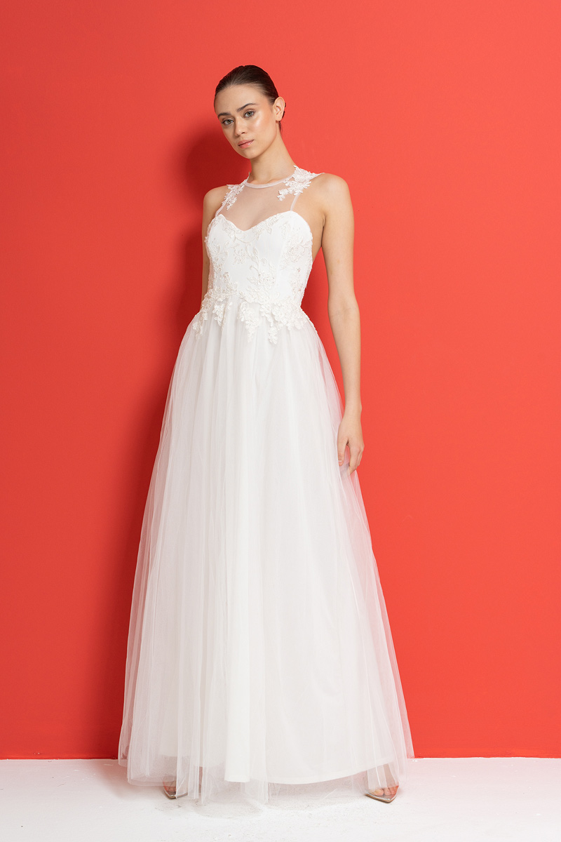 Wholesale Sleeveless Embroidered Gown in Offwhite