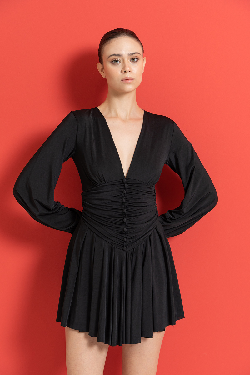 V Neck Gathered Mini Black Dress