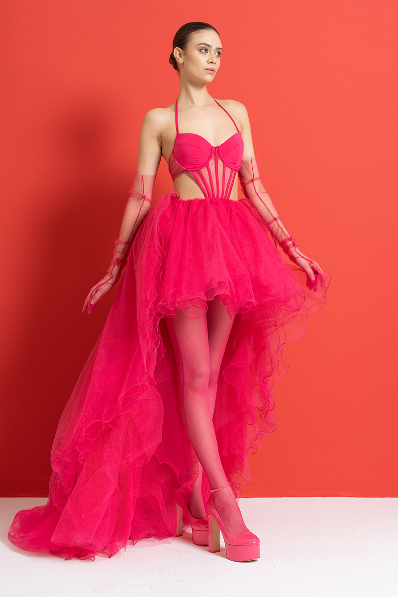 New Fuschia Layered Tulle Dress with Gloves and Stockings