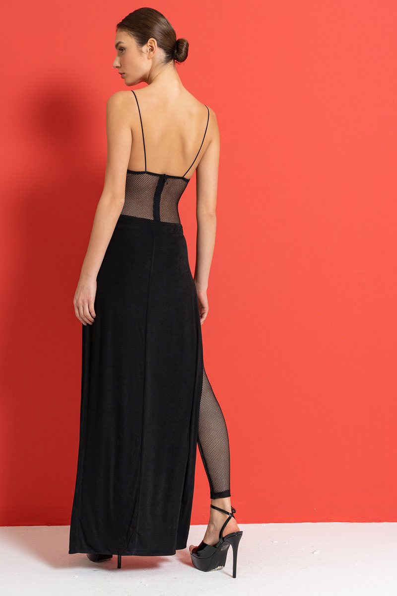Sheer Black Net Cami Catsuit & Skirt Set