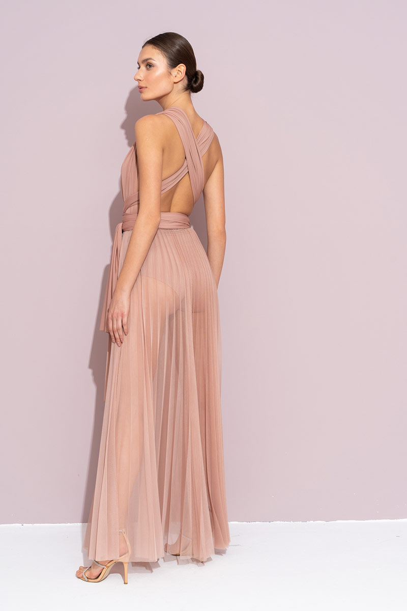 Wholesale Sheer Pleated Maxi Skirt in  Caramel