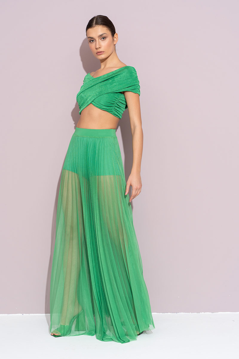 Wholesale Sheer Pleated Maxi Skirt in  Kelly Green