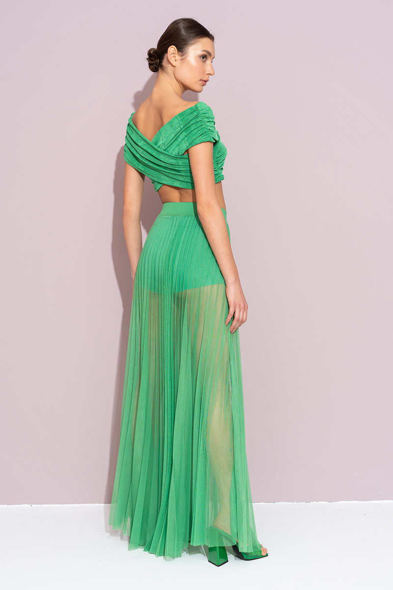 Sheer Pleated Maxi Skirt in  Kelly Green