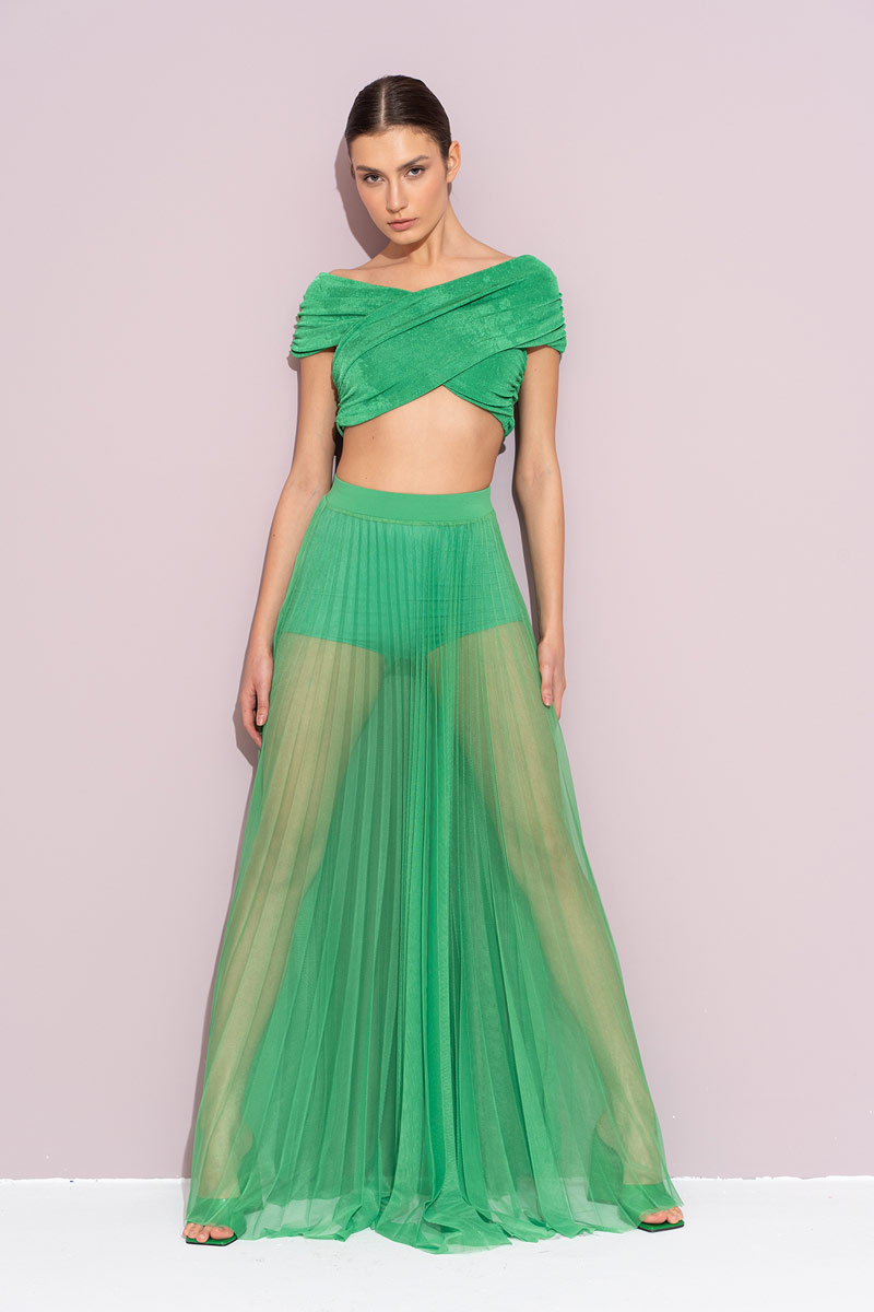 Sheer Pleated Maxi Skirt in  Kelly Green