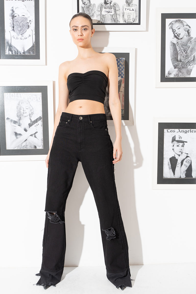 Black Slit-Hem Jeans