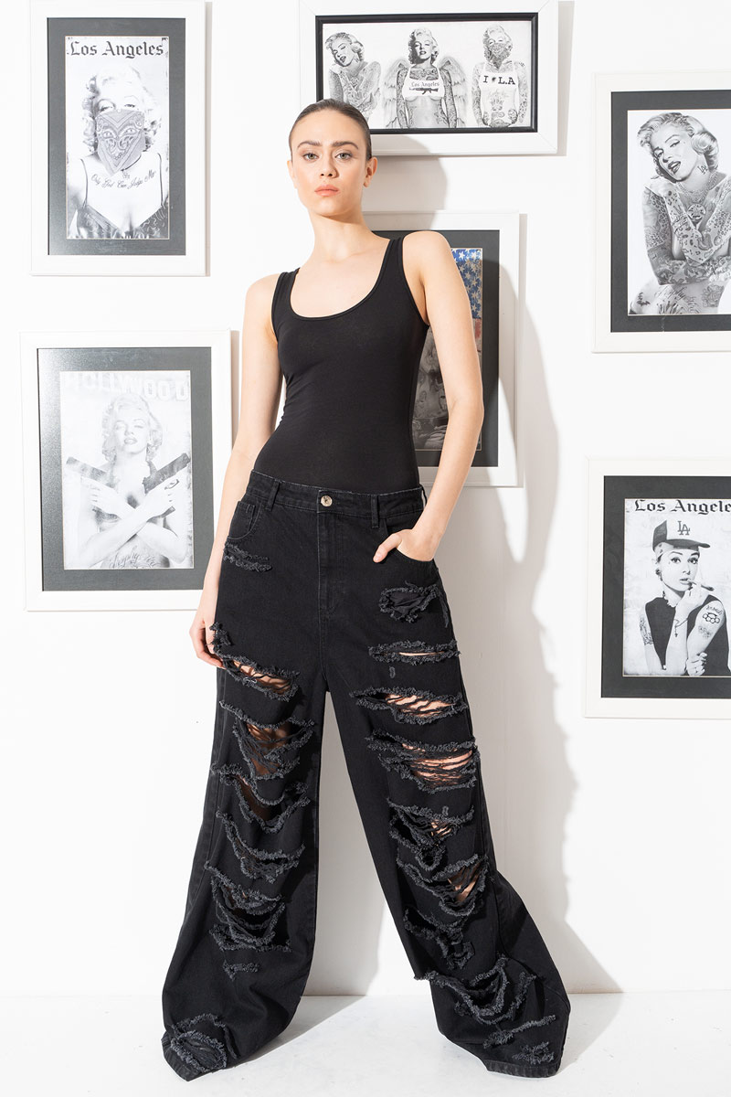 Toptan Siyah Yırtık Tasarımlı Kot Pantolon