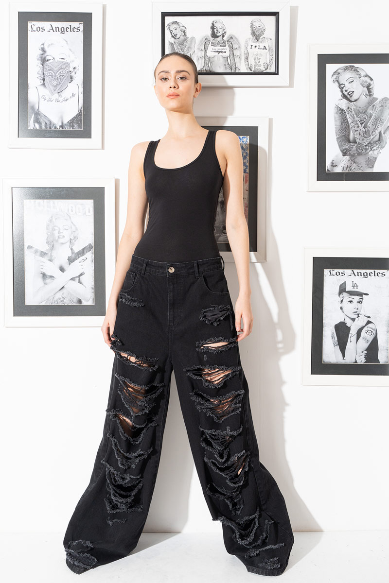 Siyah Yırtık Tasarımlı Kot Pantolon