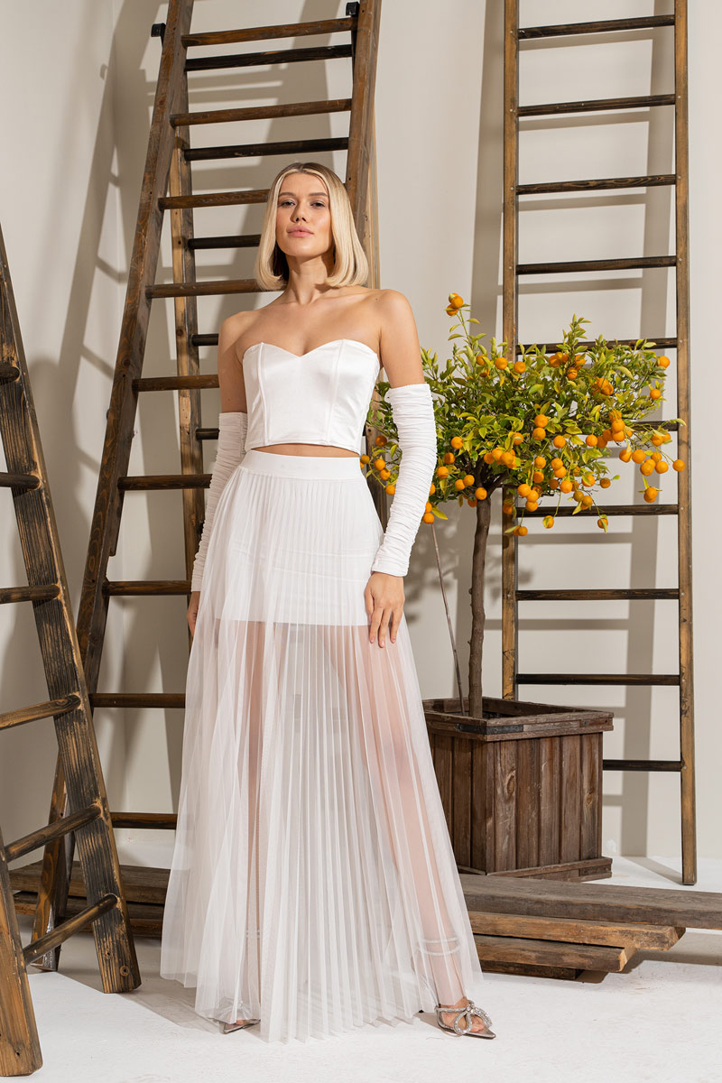 Sheer Pleated Maxi Skirt in  Offwhite