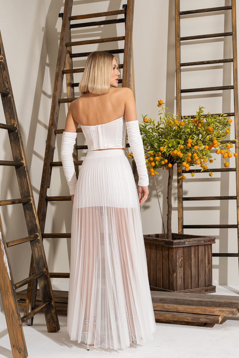 Wholesale Sheer Pleated Maxi Skirt in  Offwhite