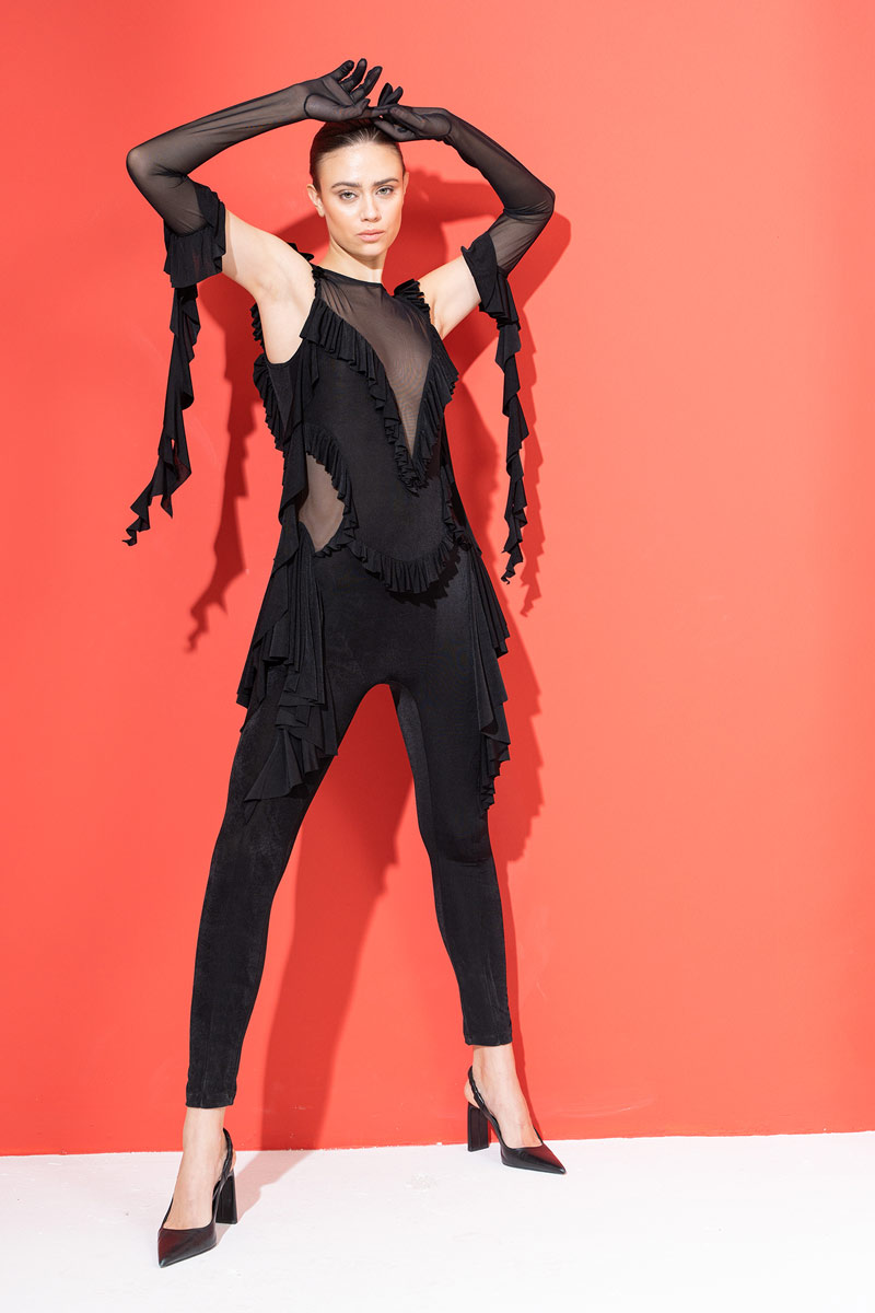 Wholesale Black Ruffle-Trim Catsuit with Gloves