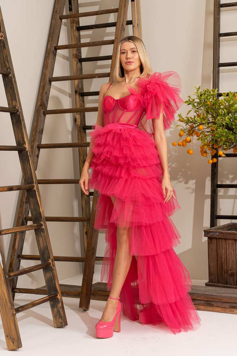 Wholesale Fuchsia Frill High-Low Tulle Dress