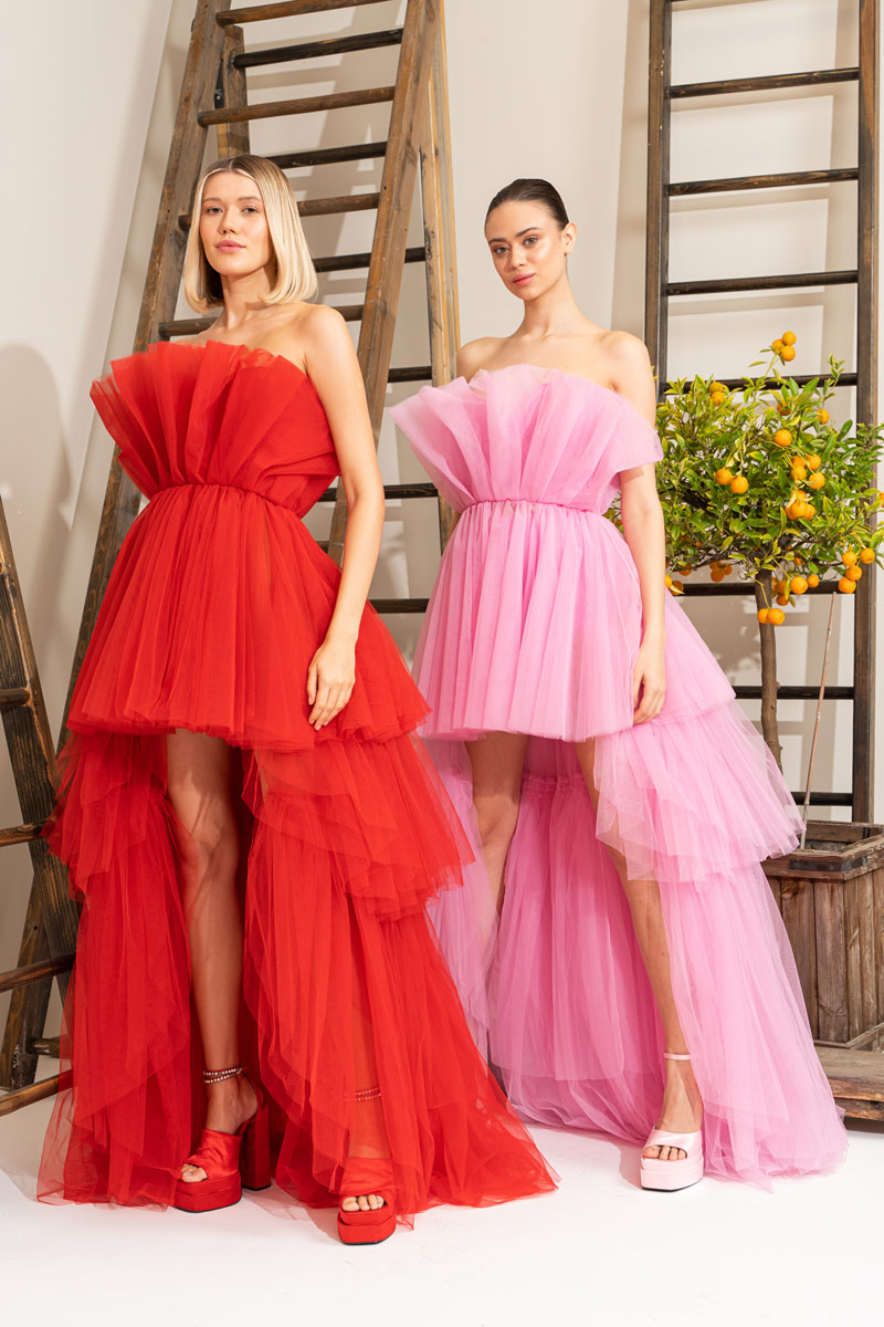С Открытыми Плечами New Pink Мини-Платье с Рюшами