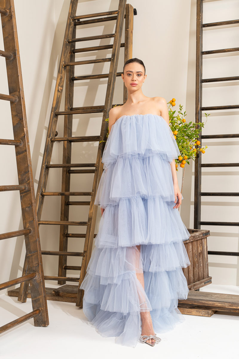 Wholesale Ice Blue Ruffle Maxi Dress