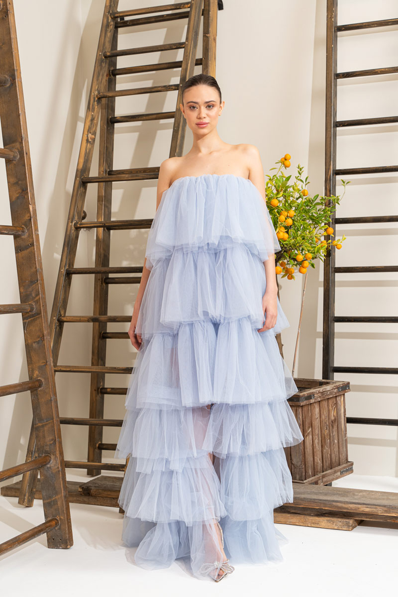 Wholesale Ice Blue Ruffle Maxi Dress