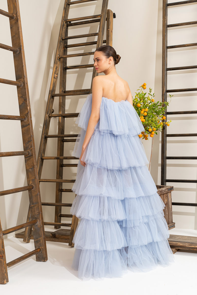 Wholesale Ice Blue Ruffle Maxi Dress