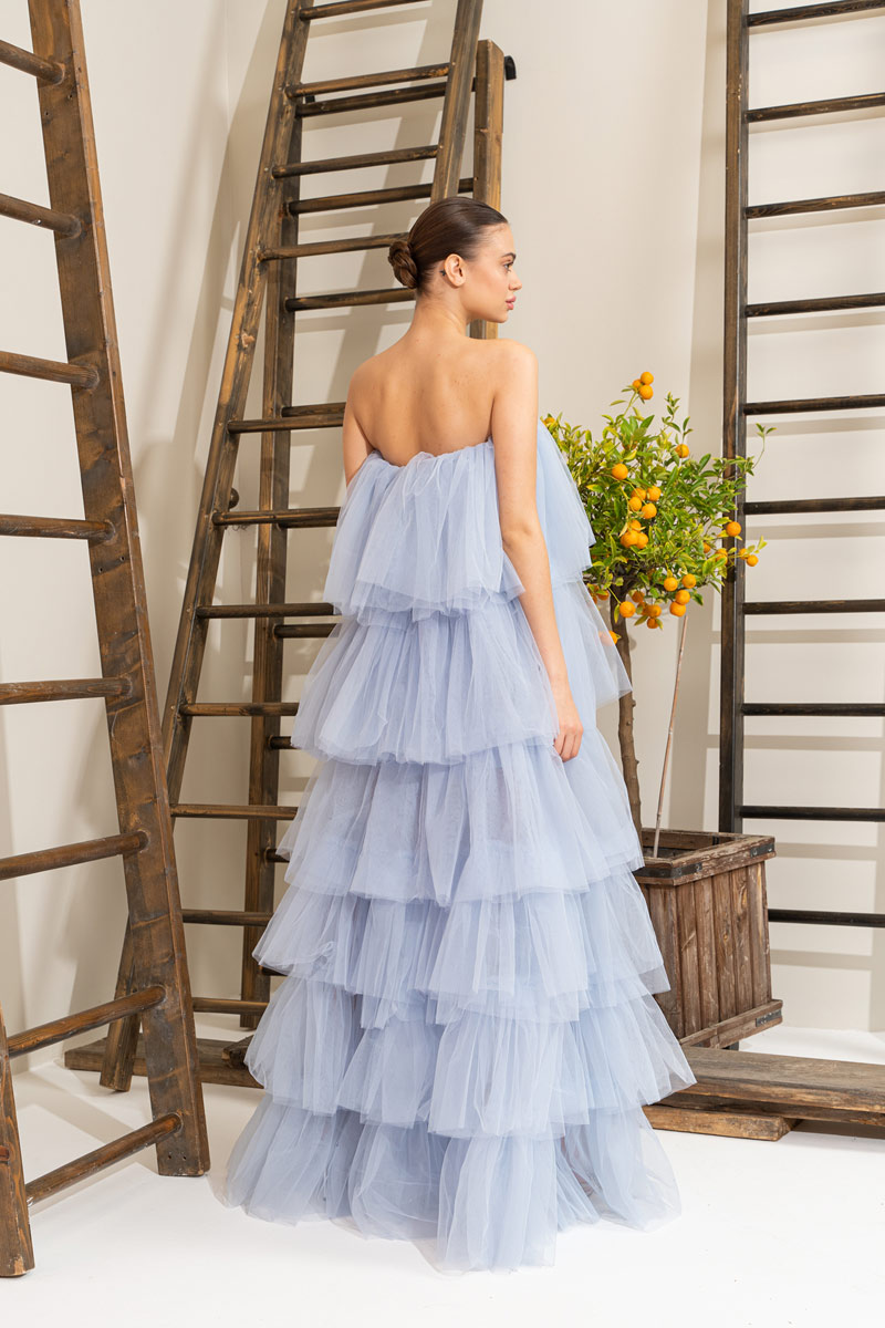 Wholesale Ice Blue Ruffle Maxi Dress