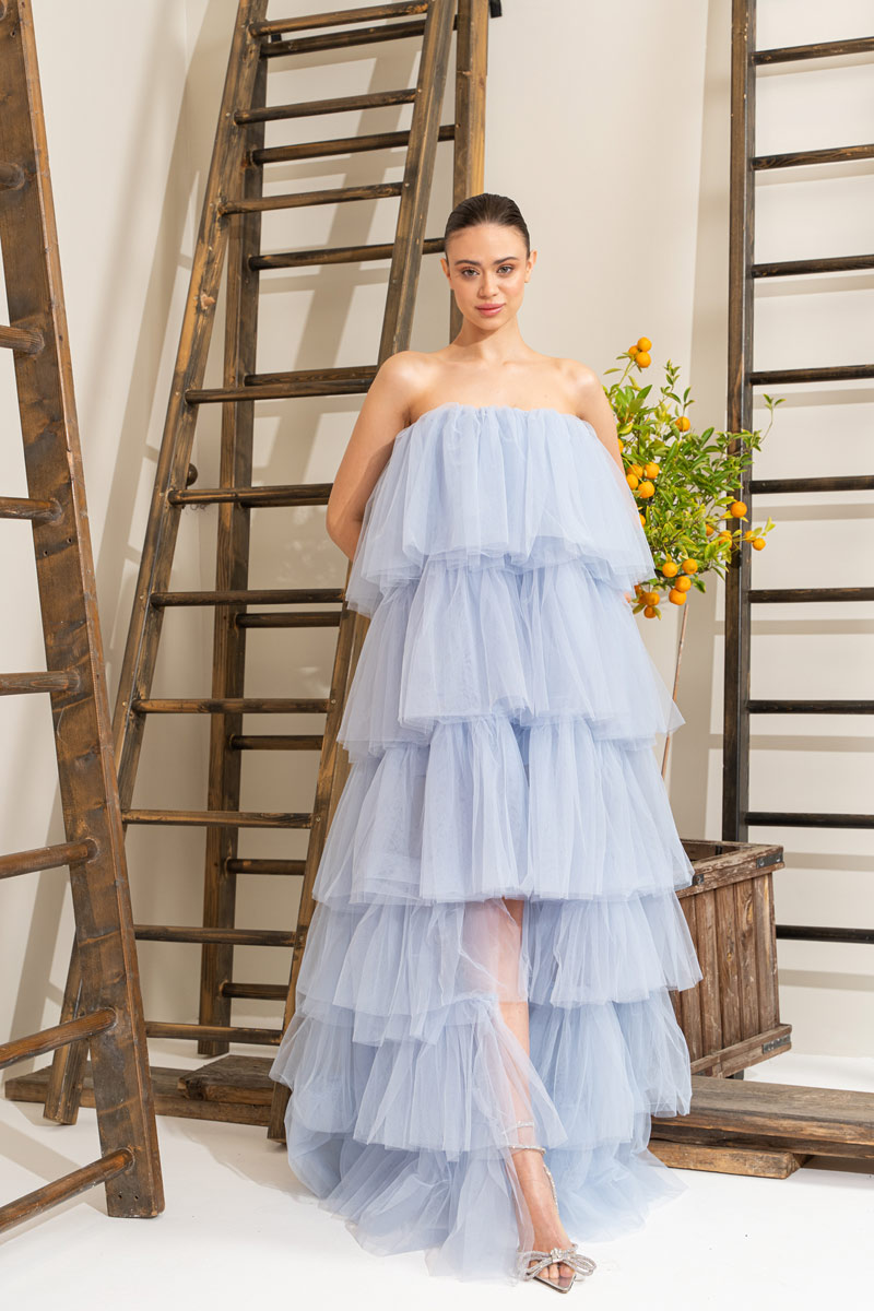 Wholesale Ice Blue Ruffle Maxi Dress