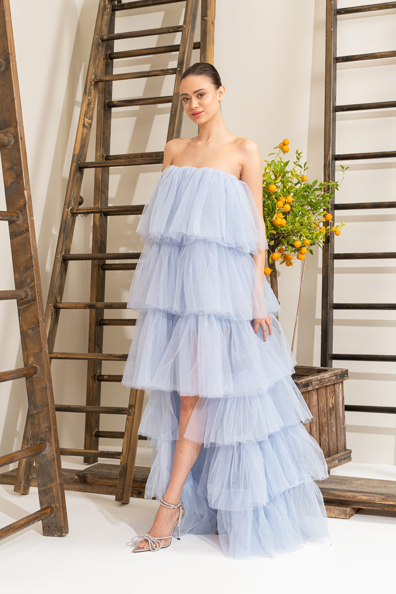 Wholesale Ice Blue Ruffle Maxi Dress