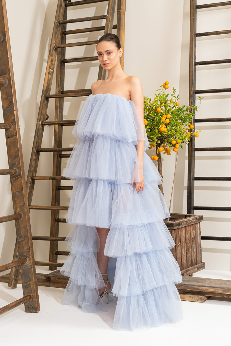 Wholesale Ice Blue Ruffle Maxi Dress