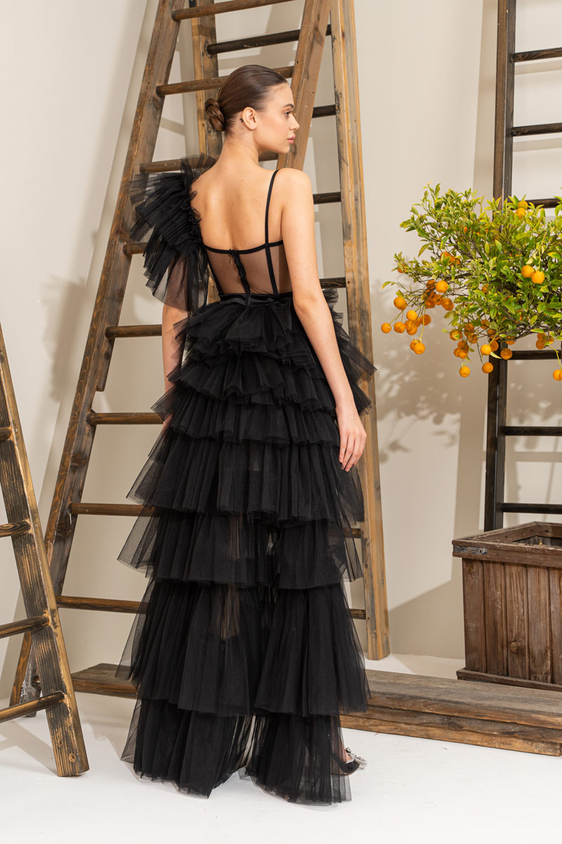 Wholesale Black Frill High-Low Tulle Dress