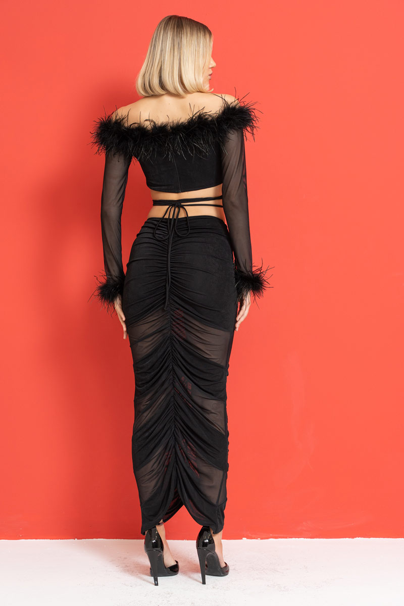Black Feather-Trim Crop Top & Skirt Set