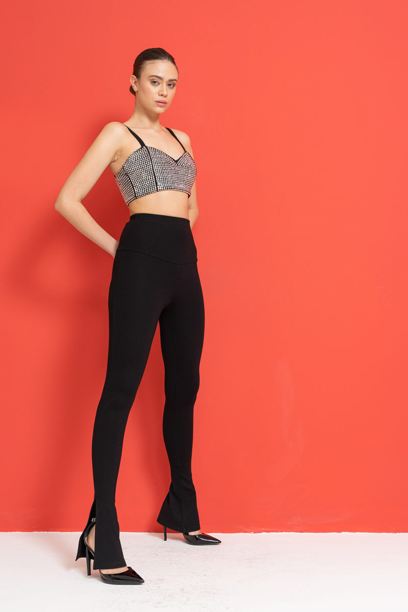 Black High-Waist Slit-Hem Leggings