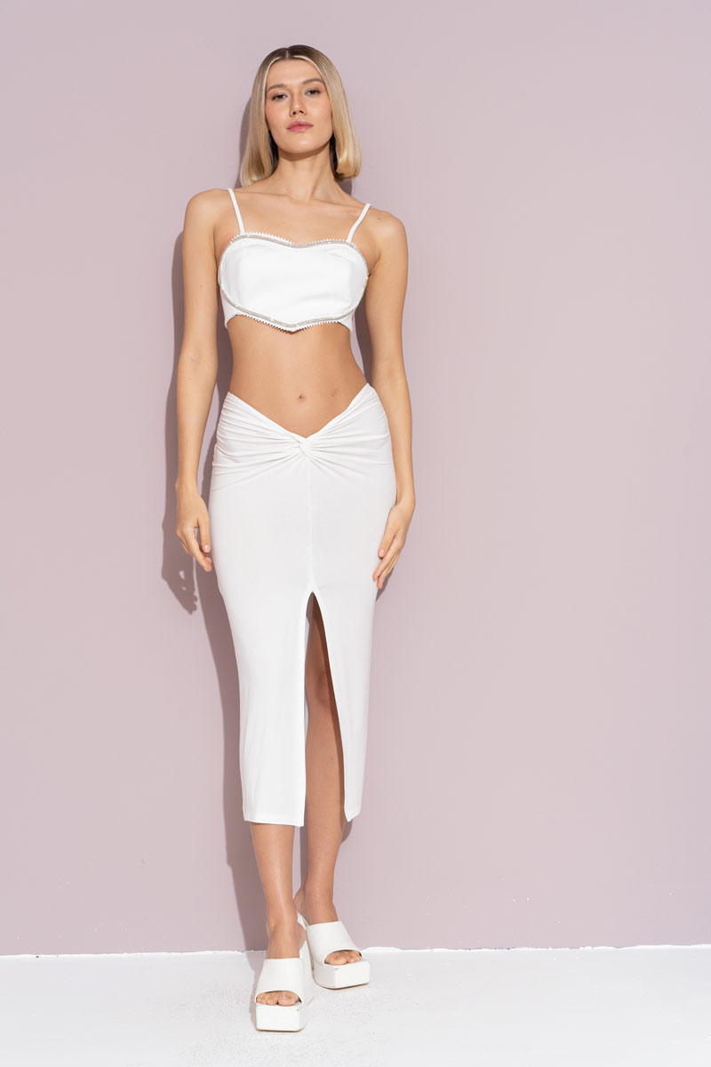 Offwhite Ruched Split-Front Skirt