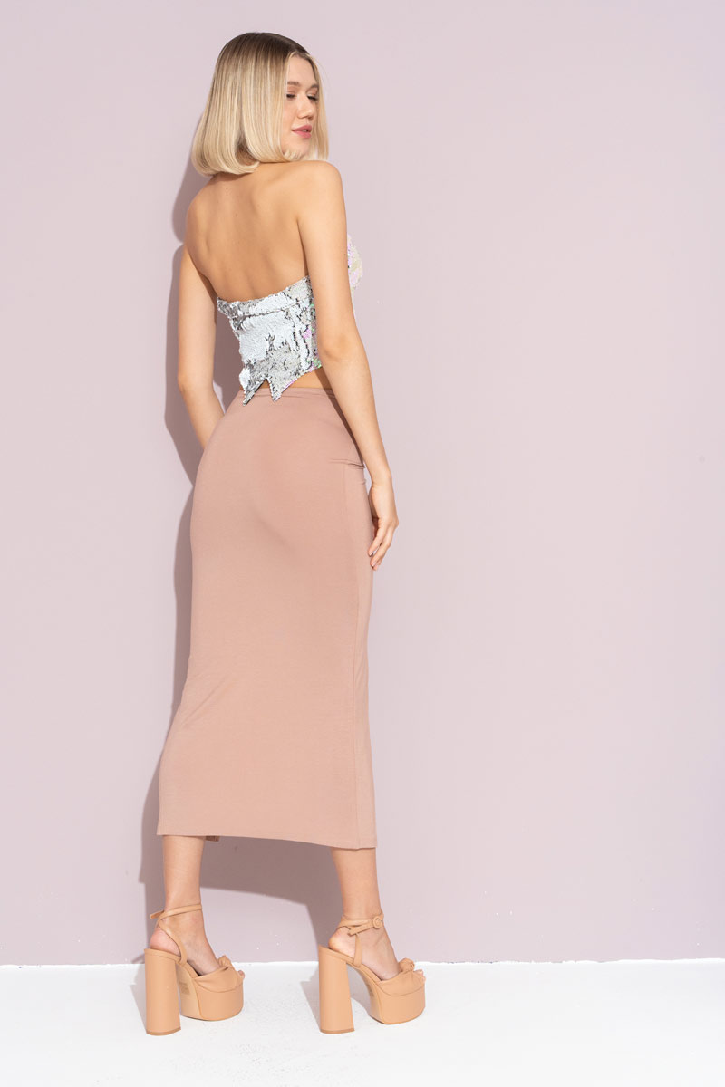 Wholesale Caramel Ruched Split-Front Skirt