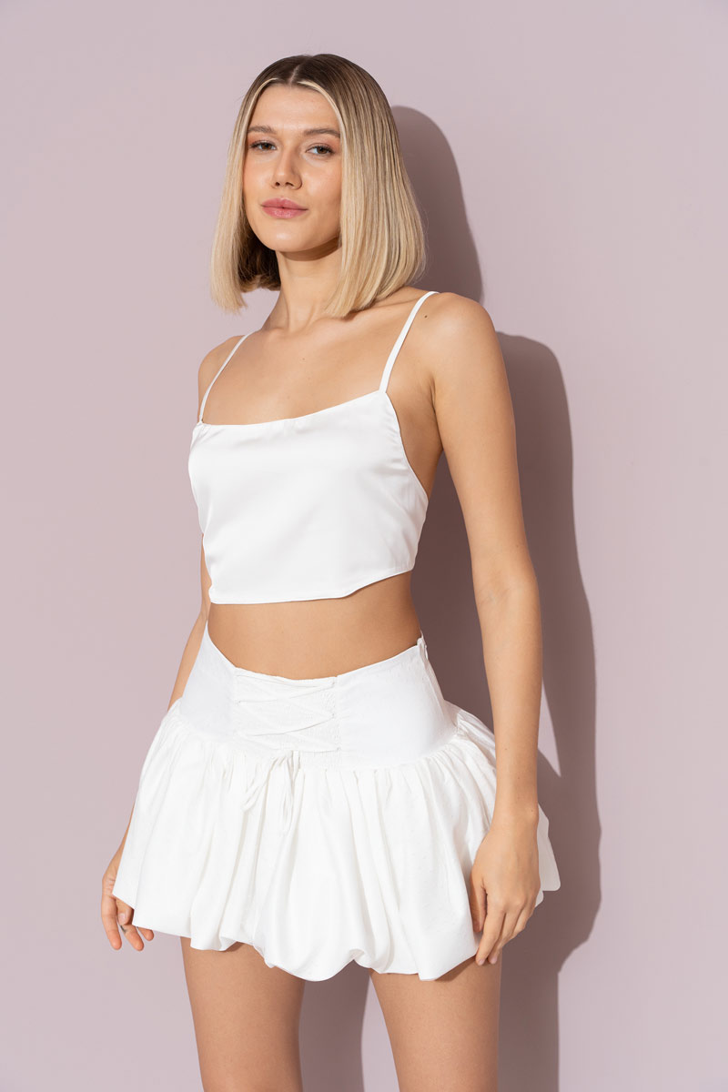Wholesale Offwhite Ruffle Polka Dot Mini Skirt with Interior Shorts