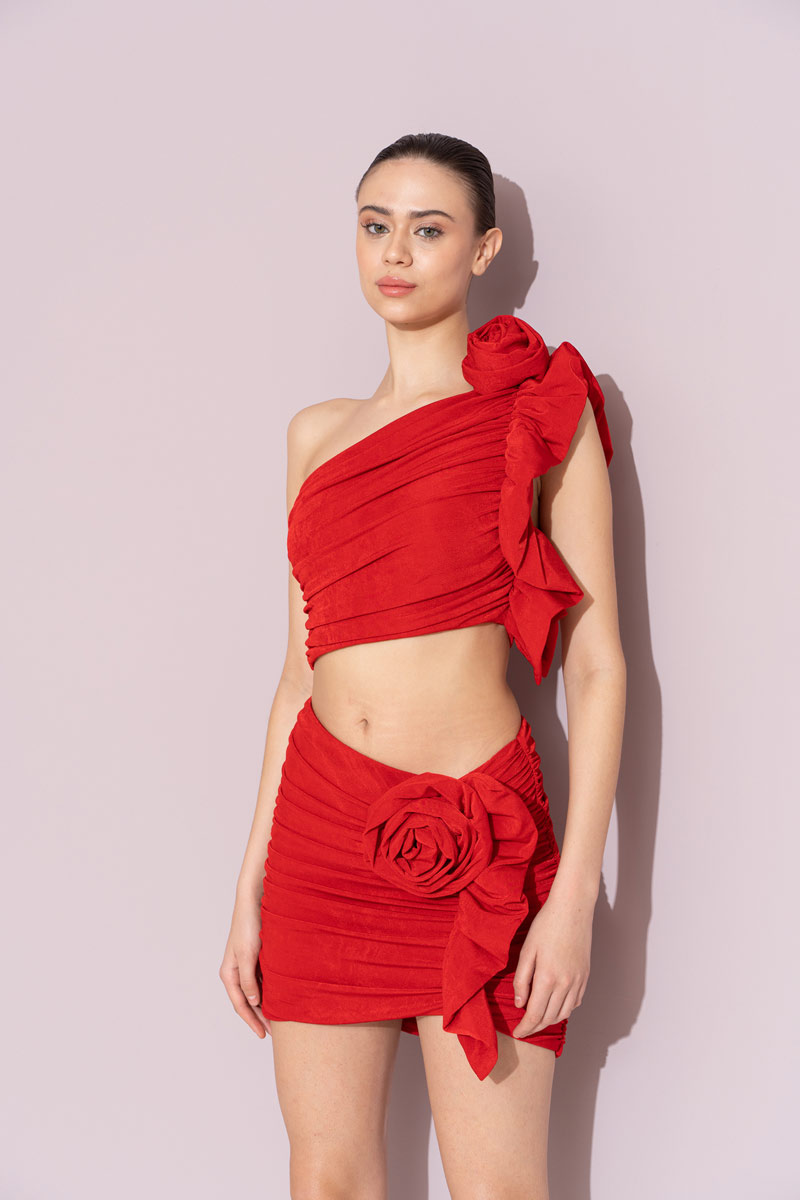 Wholesale Red Rose-Accent One-Shoulder Top & Mini Skirt Set