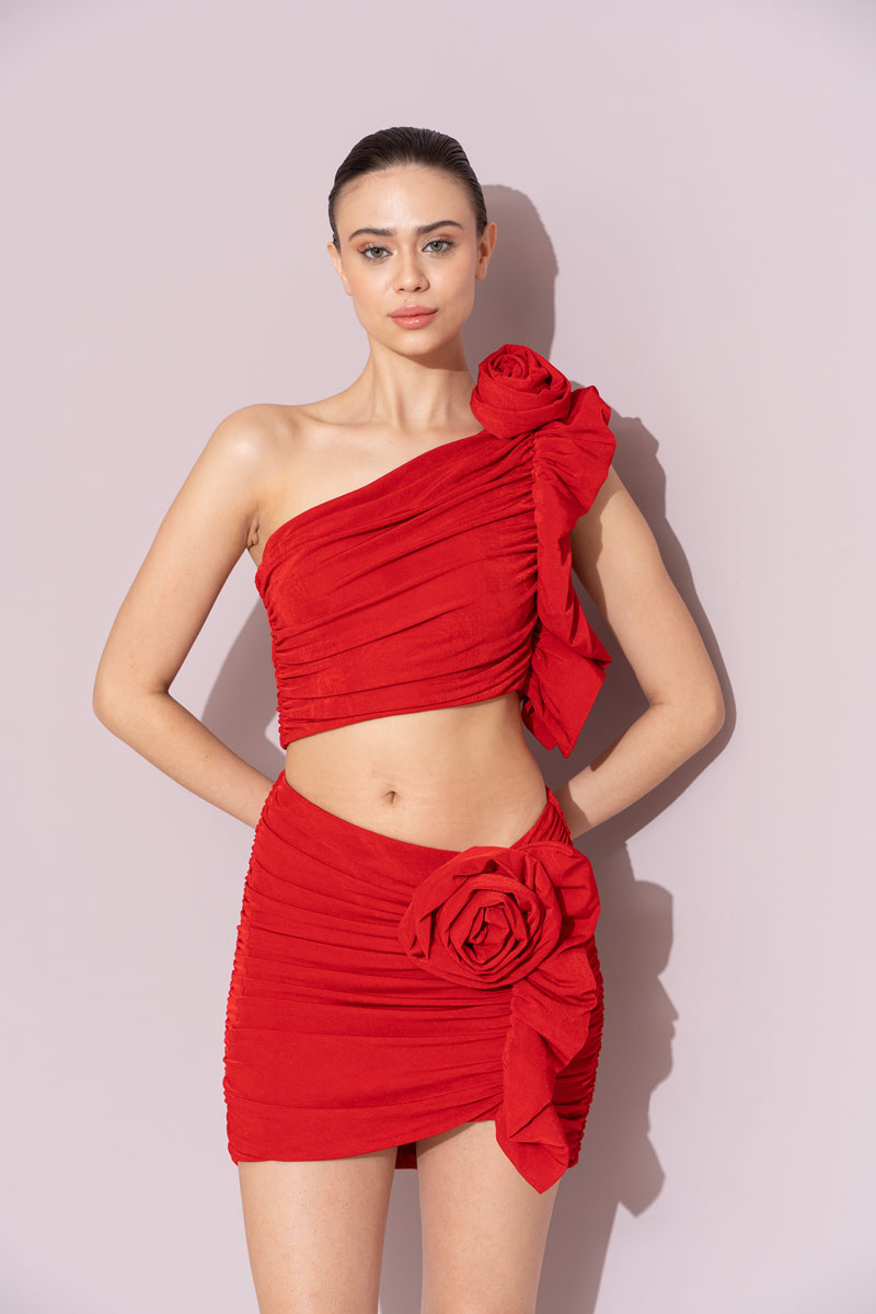 Red Rose-Accent One-Shoulder Top & Mini Skirt Set