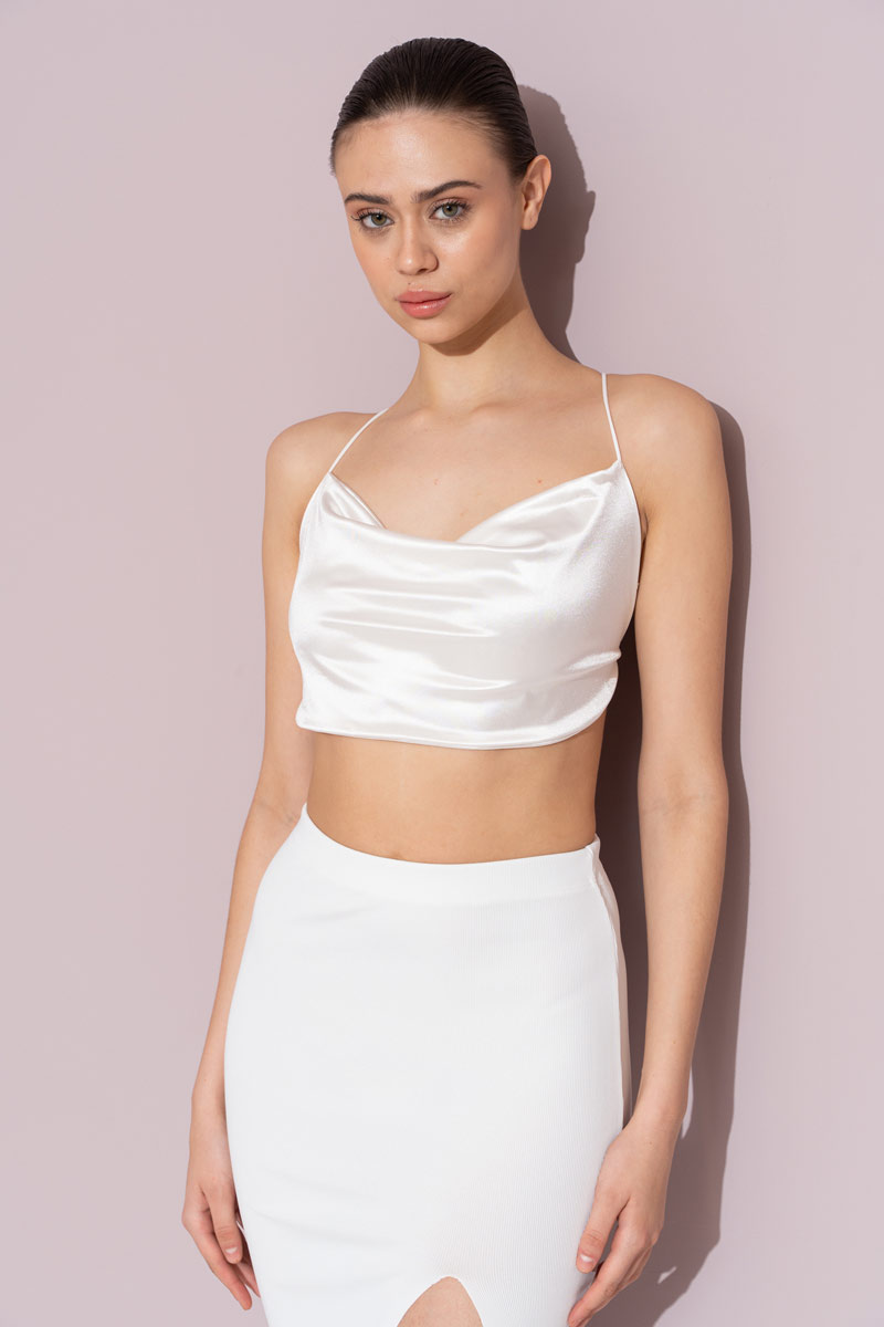 Wholesale Cross-Back Offwhite Satin Crop Top