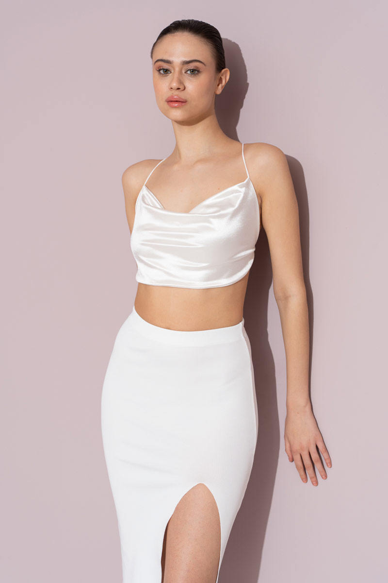Wholesale Cross-Back Offwhite Satin Crop Top