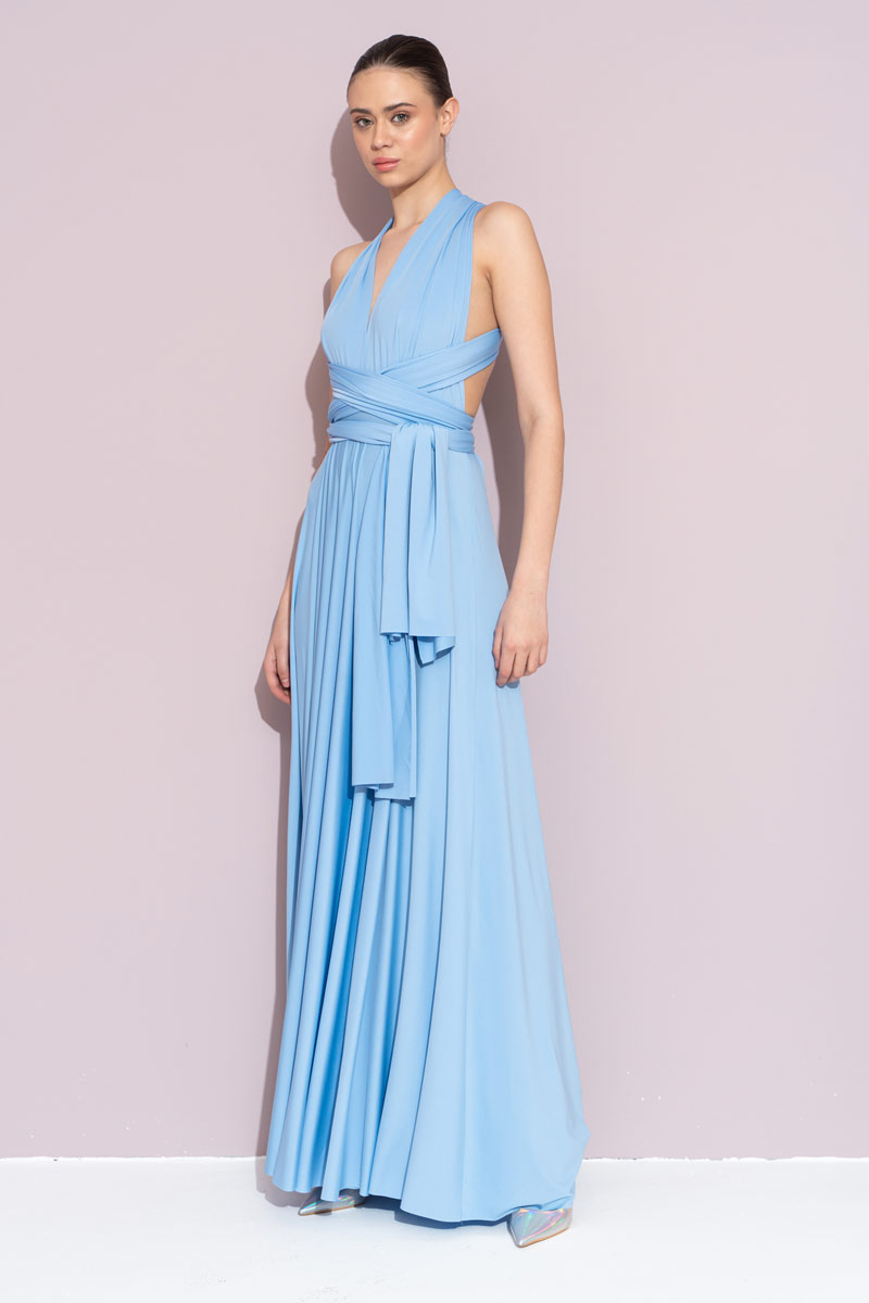 Wholesale V Neck Sleeveless Ice Blue Pleated Long Dress