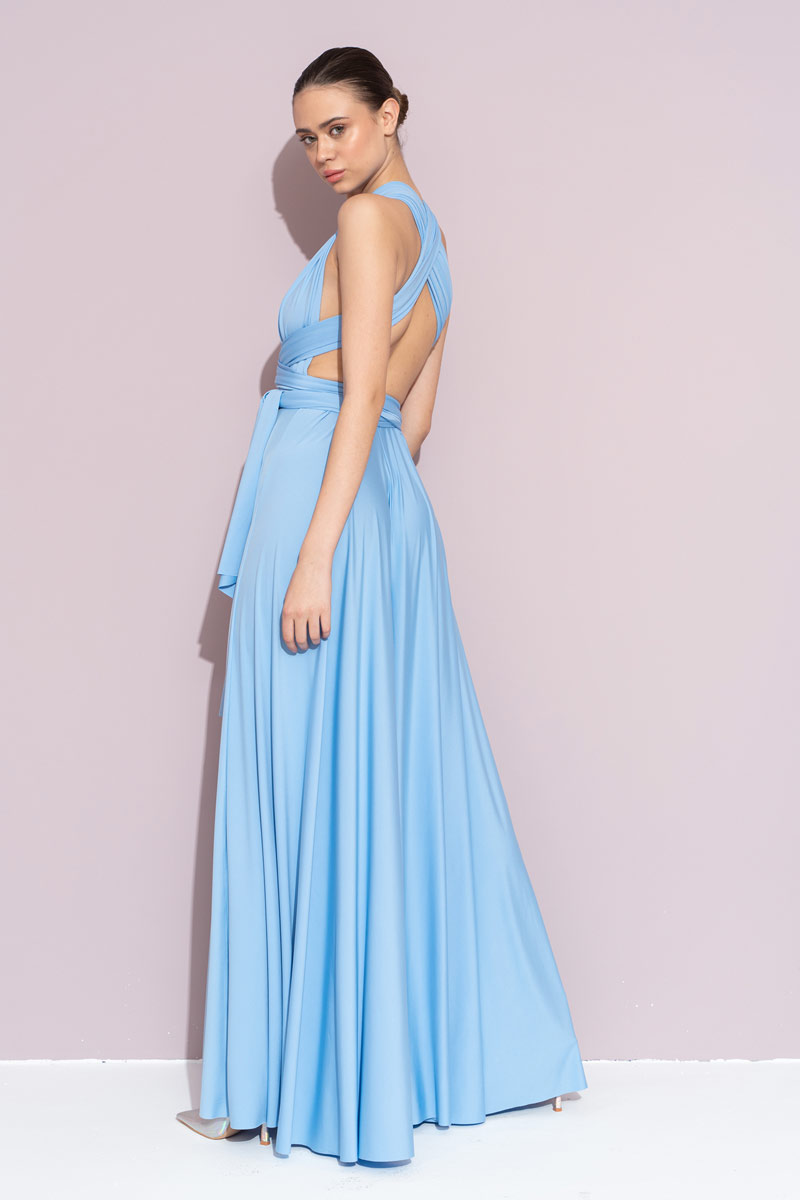 Wholesale V Neck Sleeveless Ice Blue Pleated Long Dress