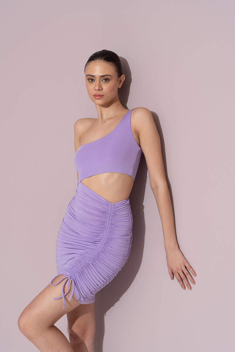 Wholesale One Shoulder Lilac Büzgülü Dress
