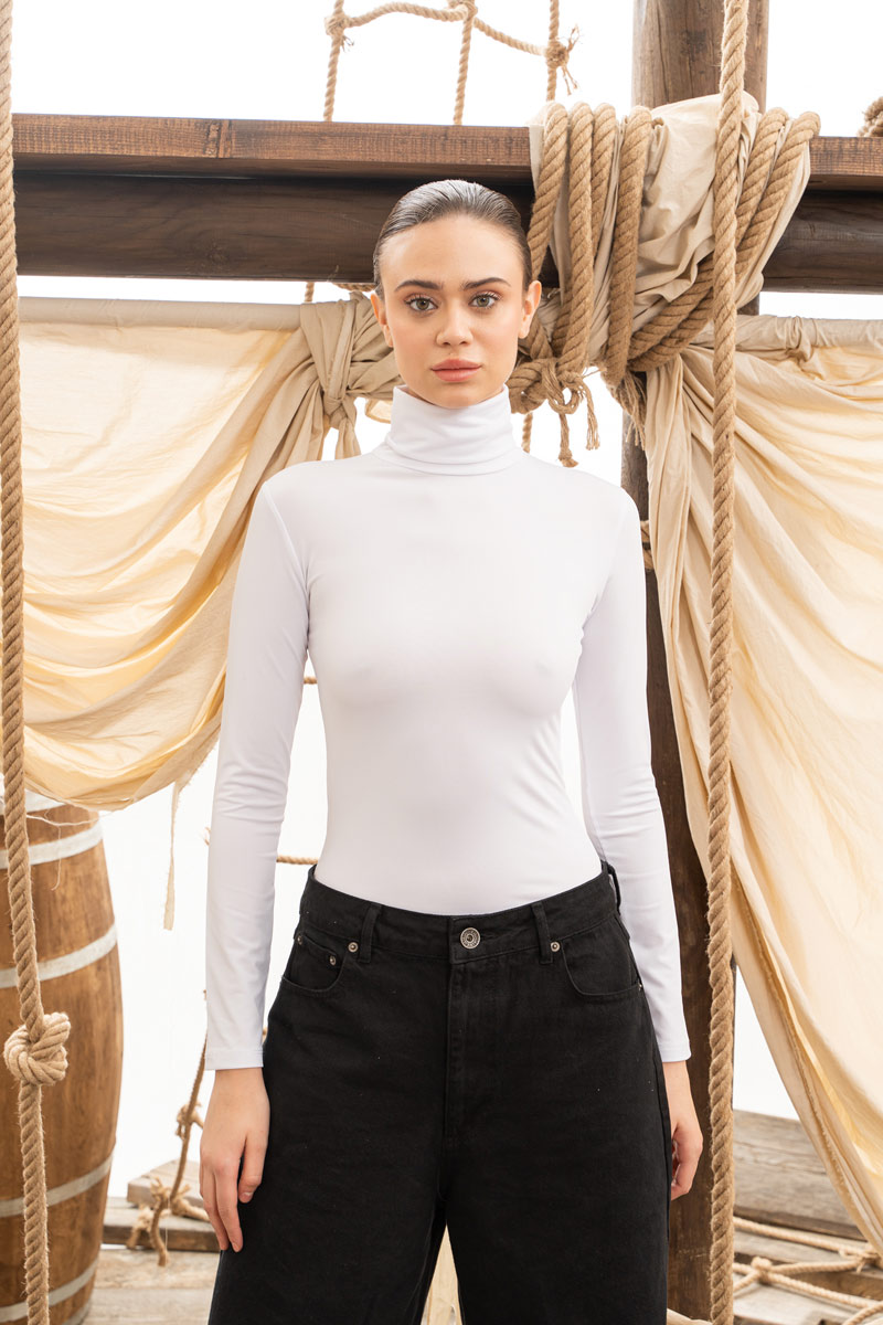 Slim Fit Long Sleeve Roll Neck White Top