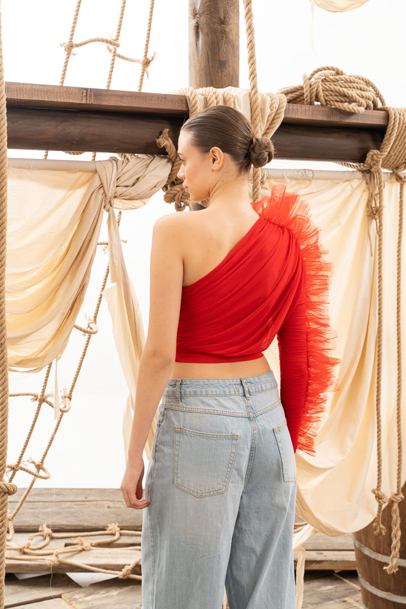 Red Ruffle-Trim One-Shoulder Top