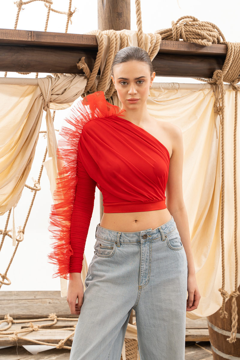 Wholesale Red Ruffle-Trim One-Shoulder Top